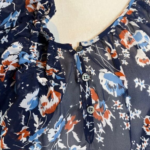 Joie Silk Floral Sheer Blouse Navy Blue Rust Button Front Wide Neck Oversized XS - Picture 2 of 10